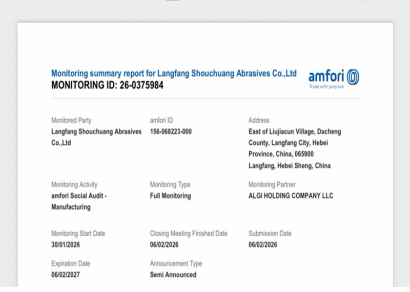 Langfang Shouchuang Abrasives Co., Ltd. Receives BSCI Certification, Unlocking A New Passport for International Trade!